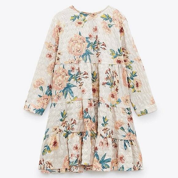 Zara Multicolor Floral Textured 3/4 Sleeve Tiered Flounce Hem Mini Shift Dress M - Picture 12 of 16